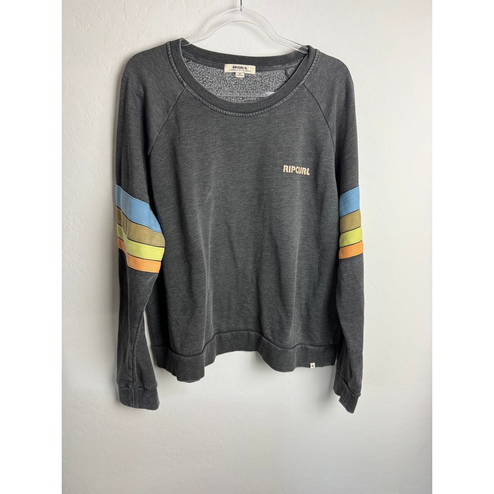 Rip Curl Sweatshirt XL Gray Rainbow Stripe Sleeve Raglan Pullover Crew Neck